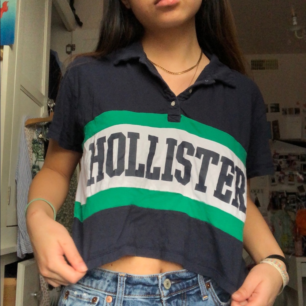 hollister logo blue green striped crop polo tee